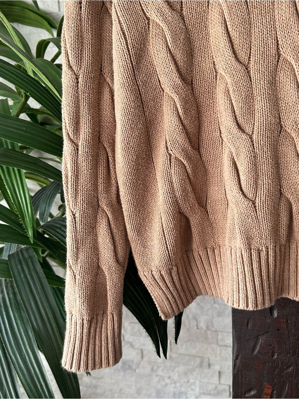 Ralph Lauren Boxy Tan Camel Melange Cable-Knit Rollneck Cotton Sweater Size S - Picture 4 of 8